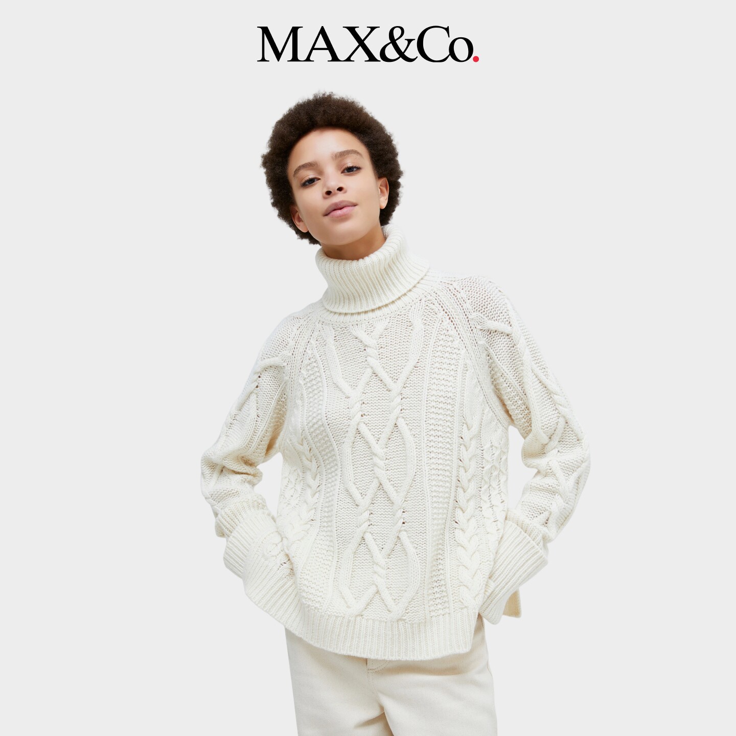 MAX&Co.女装宽松直筒圆领麻花针织羊毛高领毛衣6366114402