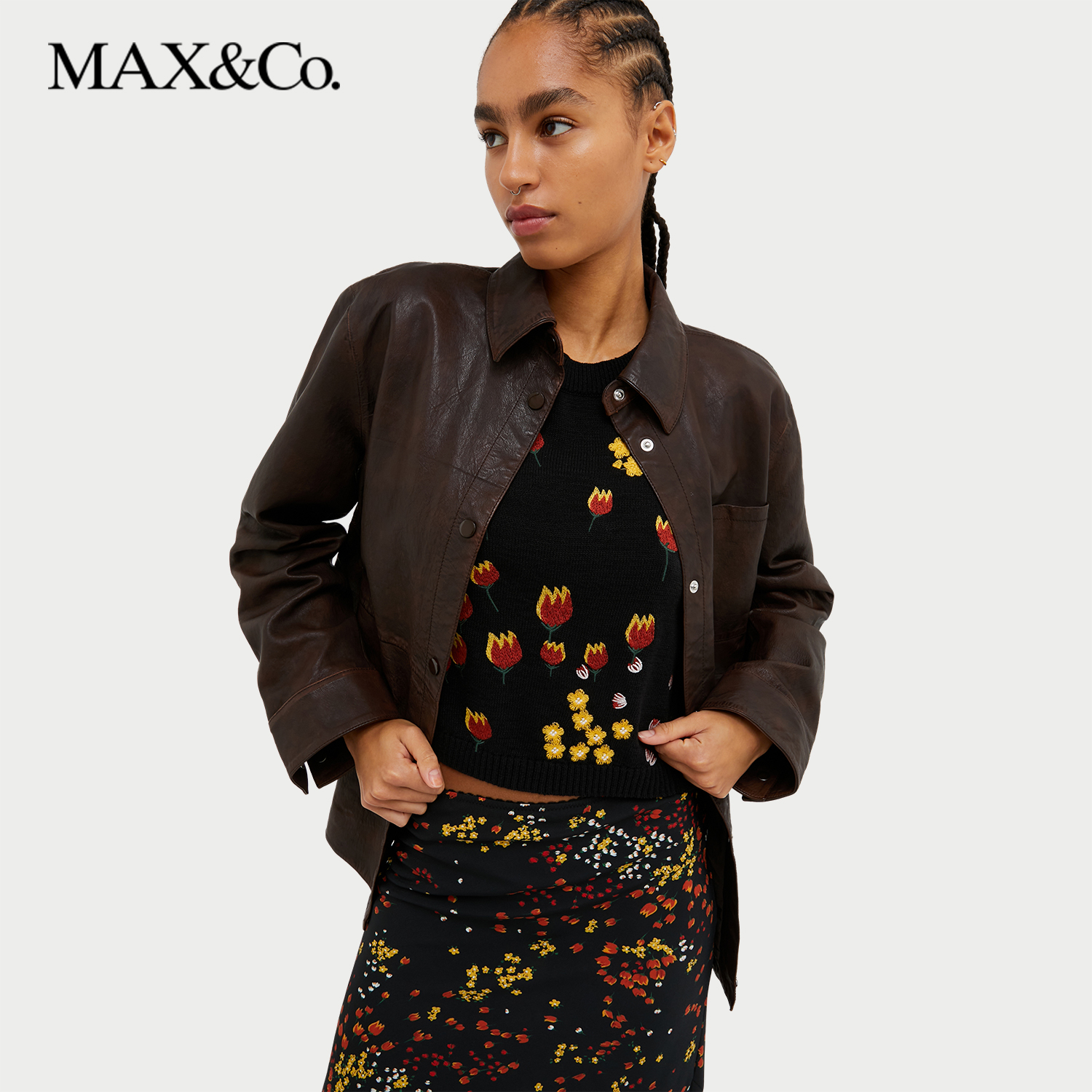 MAX&Co.2024秋冬新款女装复古百搭翻领皮夹克6446014102maxco