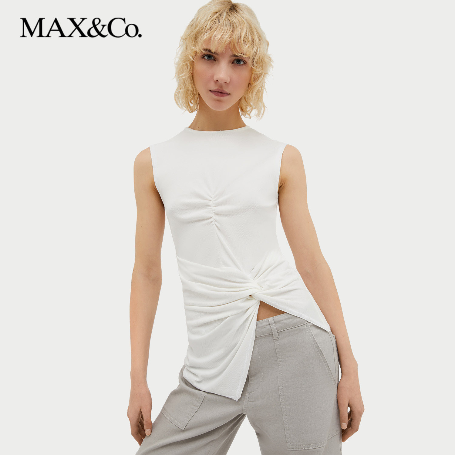 MAX&Co.夏季修身白色不对称基础款无袖棉质T恤上衣女6946084102,女装/女士精品,T恤,淘宝优惠券,粉丝福利购,淘宝优惠卷