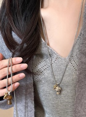斑点虎眼石蘑菇吊坠项链女不掉色百搭长款锁骨链网红同款毛衣链潮