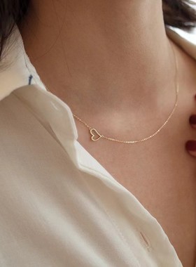 S925纯银爱心项链女镀14K金简约气质心形吊坠小巧锁骨链2024新款