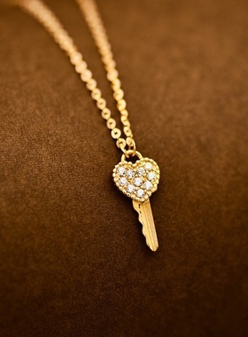 心灵密码~S925纯银镀18k金项链时尚百搭镶钻爱心钥匙吊坠锁骨链