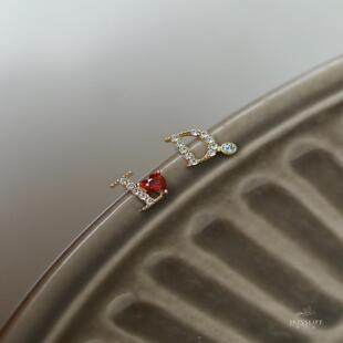 我愿意S925银镀14K金ido浪漫不对称纯银耳钉镶嵌锆石小众耳饰