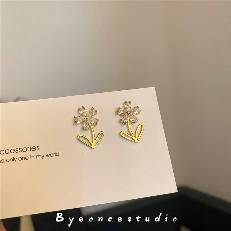通体S925纯银镀金花朵锆石耳钉树叶子气质精致百搭耳环耳饰女