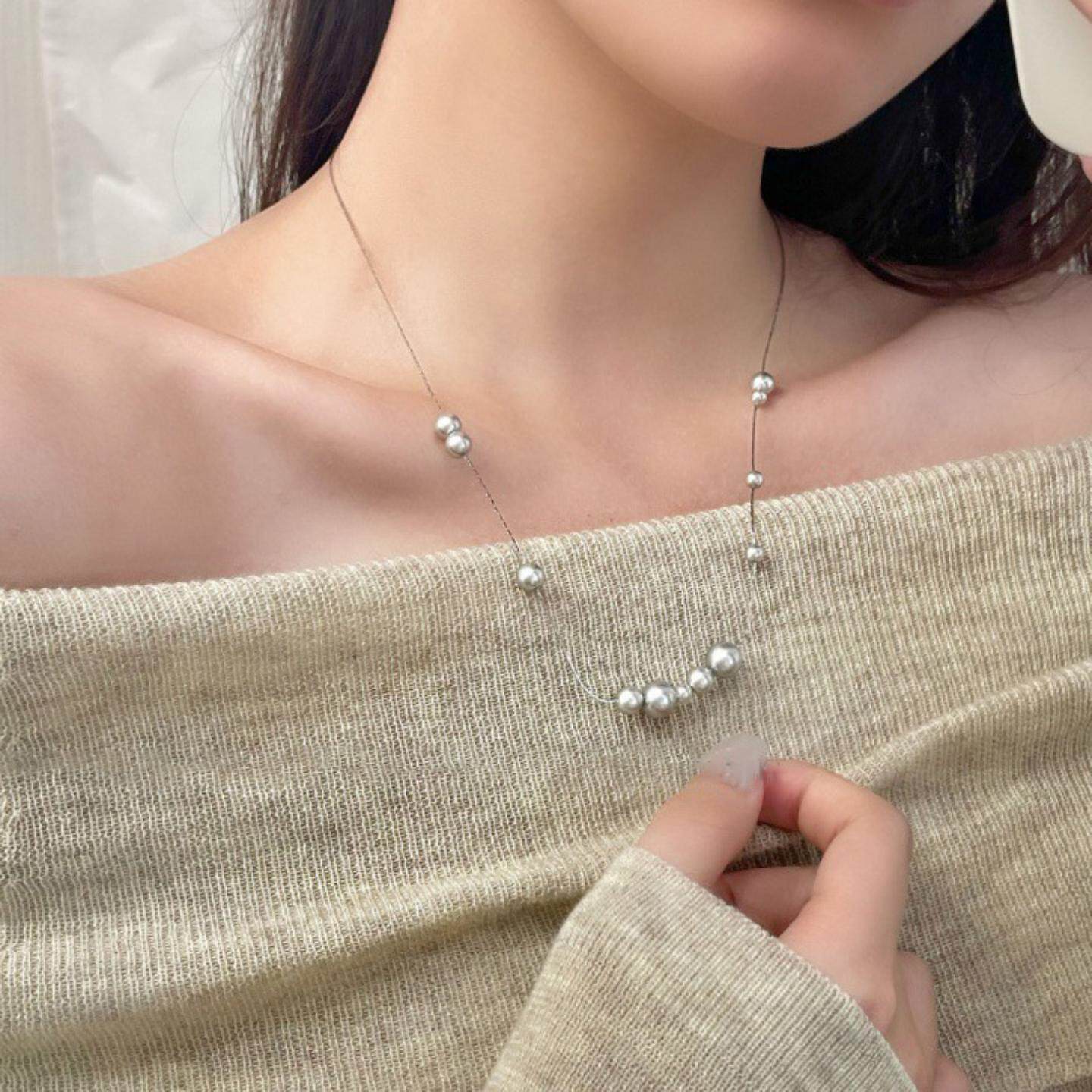 冷淡风银灰色珍珠满天星叠戴颈链长款项链女辣妹小众设计感锁骨链