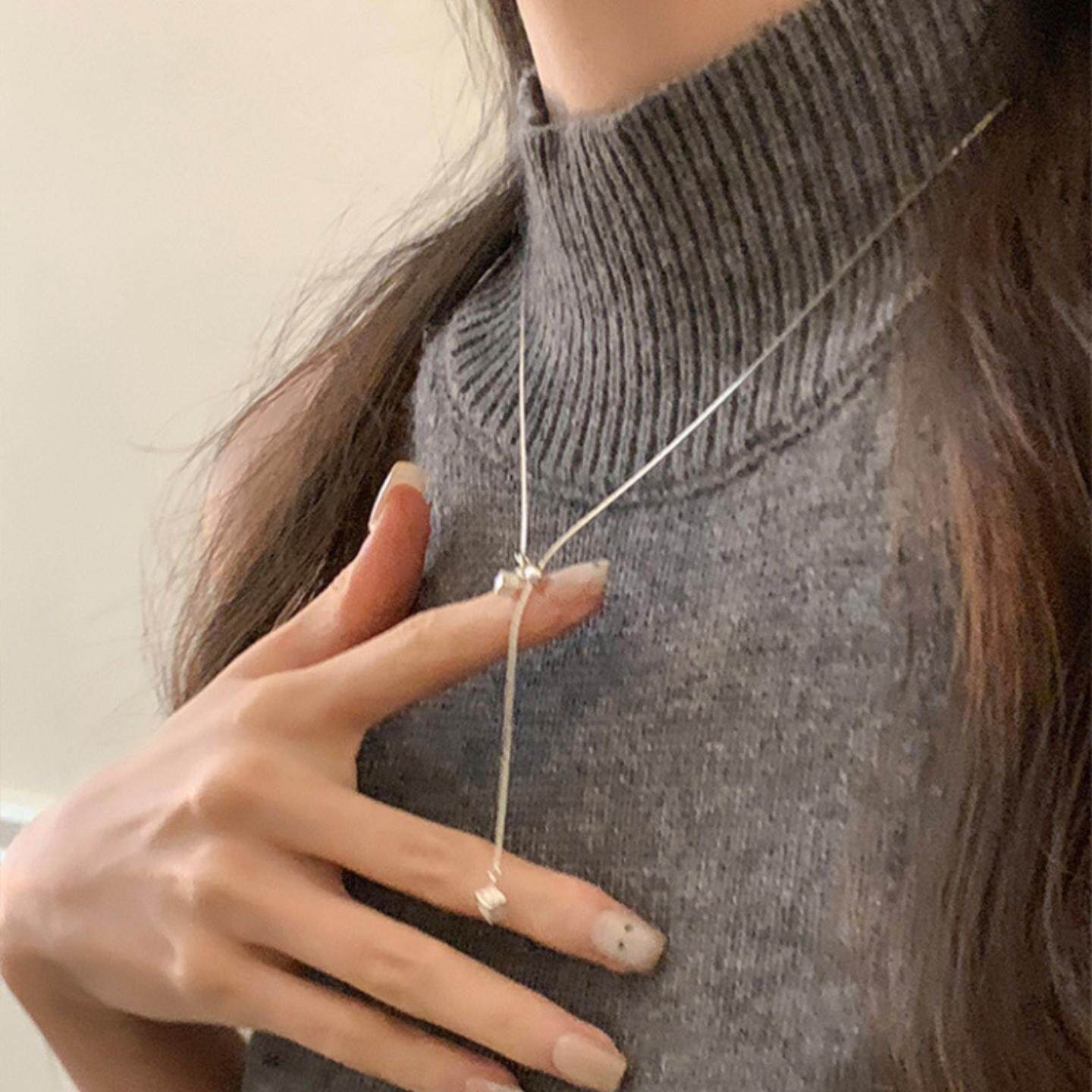 韩系银色方糖抽拉项链女2025新款爆款百搭气质秋冬长款毛衣链配饰