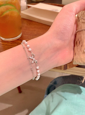 韩版新款双层蝴蝶结珍珠手链时尚甜美高颜值手环轻奢小众学生手饰