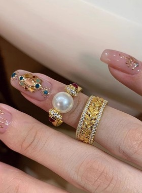 中古风排钻麦穗转运珠戒指女轻奢高级感个性时尚潮流百搭指环戒子