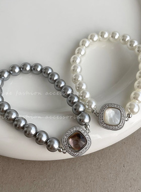 轻奢高级施家珍珠真多麻色澳白色贝母扣手链小众精致女生复古手串