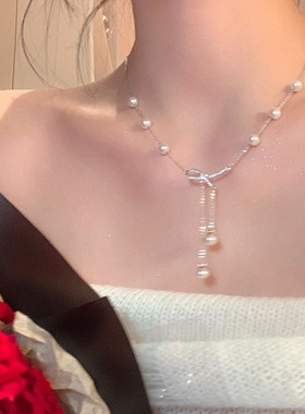 法式珍珠流苏蝴蝶结项链女秋冬轻奢高级感锁骨链时尚精致毛衣链潮