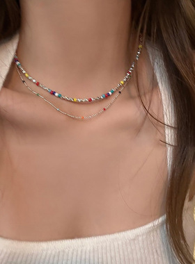 彩色串珠碎银子项链女款夏季轻奢小众设计感锁骨链颈链感配饰