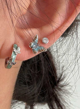 绿色滴油蝴蝶耳钉女精致甜美可爱优雅时尚潮流百搭耳环耳饰电镀