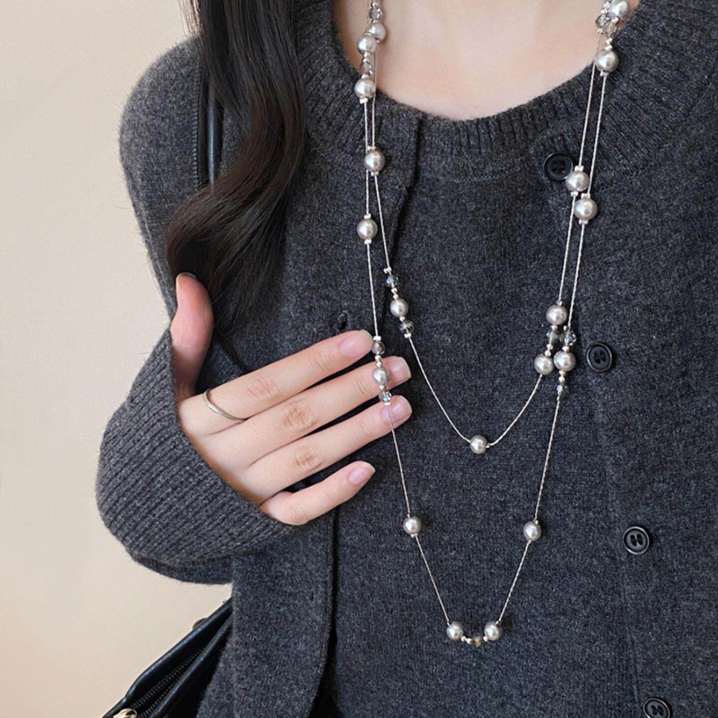 双层满天星灰色珍珠项链女轻奢高级感叠戴颈链秋冬长款毛衣链配饰