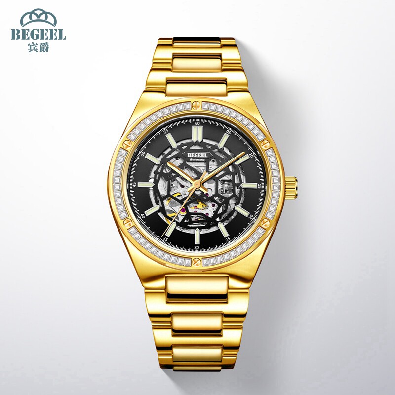 宾爵金表男款手表镂空全自动机械表防水商务男士休闲钢带腕表