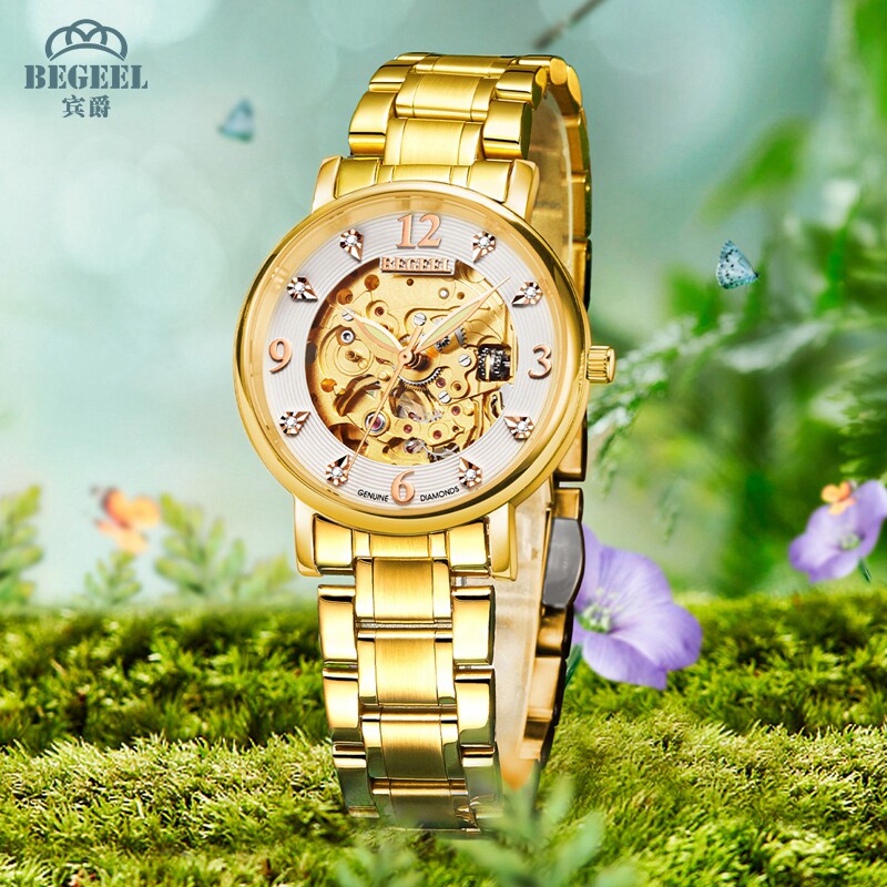 宾爵真钻金表女全自动机械表高级镂空女士手表小众轻奢腕表女款