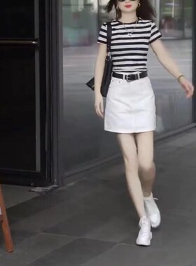 日系cherrykoko夏季新款圆领条纹上衣时尚白色半身短裙女潮