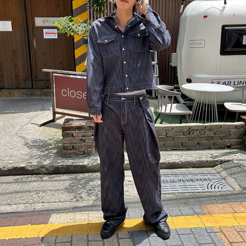 法国cherrykoko牛仔外套男士春秋季宽松潮流水洗直筒牛仔裤子