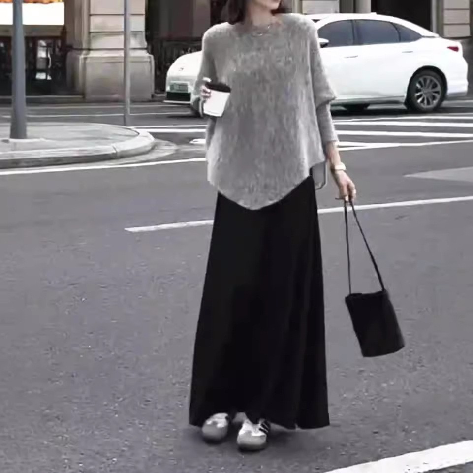 日系cherrykoko新款蝙蝠袖套头慵懒风宽松上衣高腰半身裙女