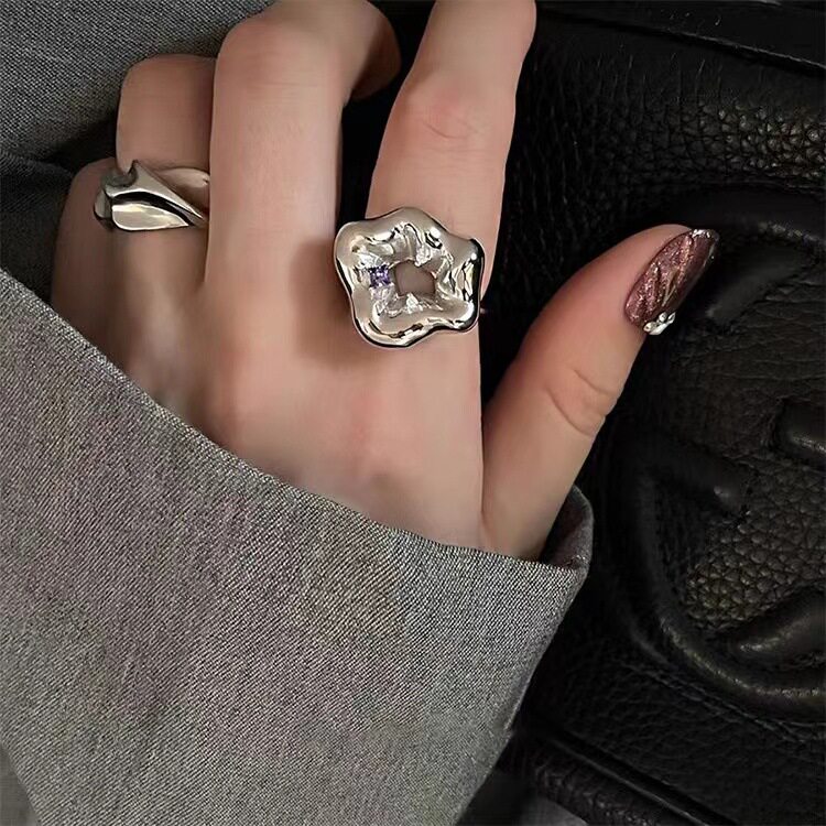 日系CherryKoko小众设计不规则金属花朵开口戒指女韩国个性百搭