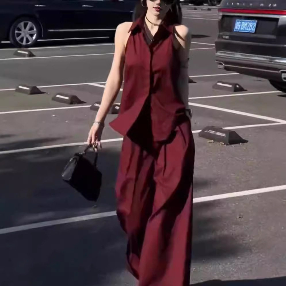 日系cherrykoko夏季新款御姐高端翻领无袖上衣阔腿裤套装女
