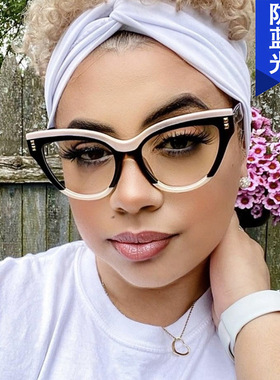 日系cherrykoko猫眼铆钉黑白熊猫平光镜新款欧美眼镜框防蓝光ins