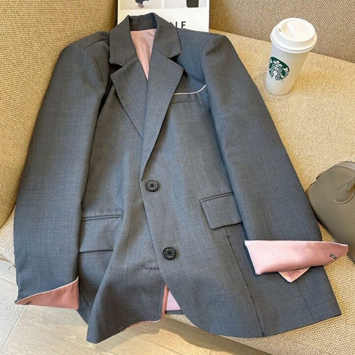 法国cherrykoko灰色西装外套女春装时尚撞色拼接气质西服上衣