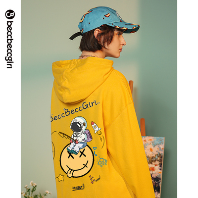 BECCBECCGIRL8001连帽卫衣女秋冬新品卡通印花纯棉加绒上衣外套