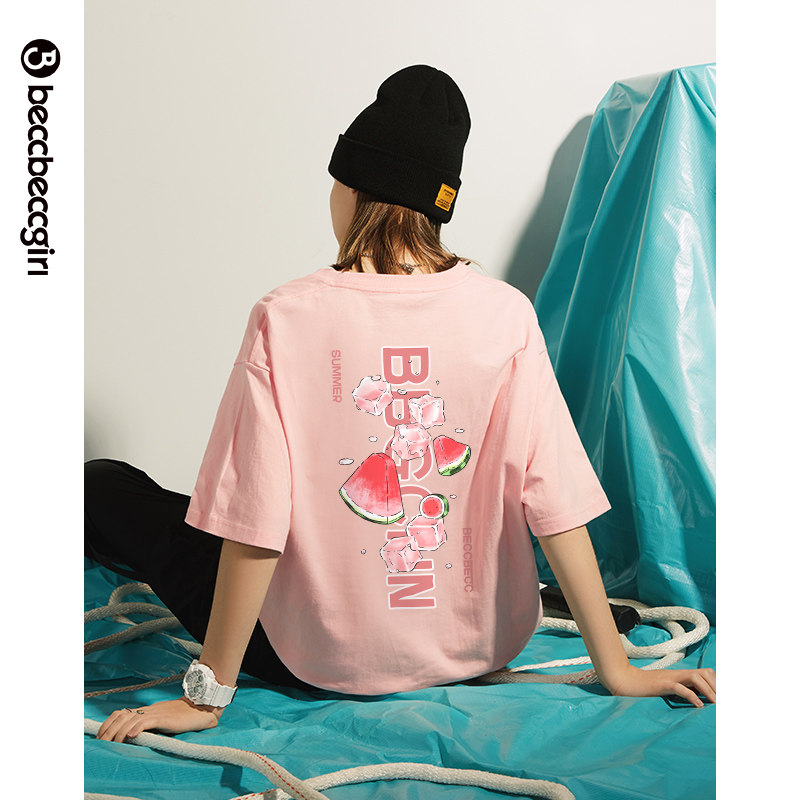 BECCBECCGIRL浅粉色t恤女夏季新品西瓜印花洋气韩版中长款短袖潮