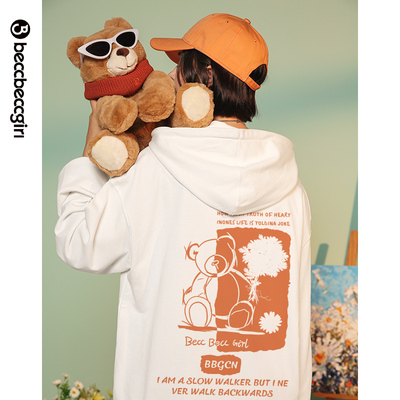 BECCBECCGIRL连帽卫衣女秋冬季小熊印花宽松休闲情侣新款加绒外套