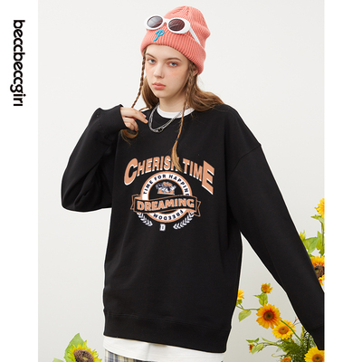 BECCBECCGIRL高级灰圆领卫衣女简约印花休闲百搭通勤秋冬新款6717