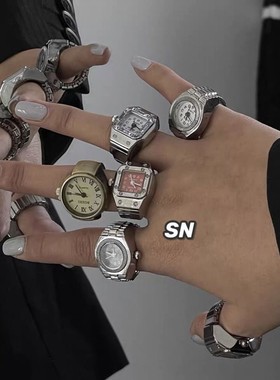 简约时尚朋克手表戒指百搭小众情侣手指表迷你时钟复古创意电子表