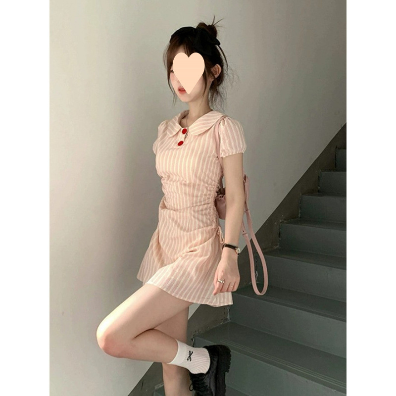 少女气质撞色短袖显瘦条纹学院夏季新款收腰连衣裙森系韩版风