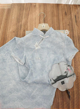 文艺蓝色提花前开叉复古旗袍裙女2025年春季新款改良新中式年轻款