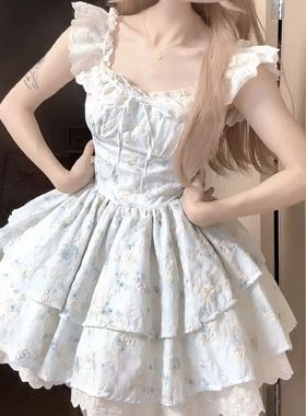 樱织花翎小飞袖温柔碎花连衣裙女夏日绝美公主蛋糕裙收腰蓬蓬裙子