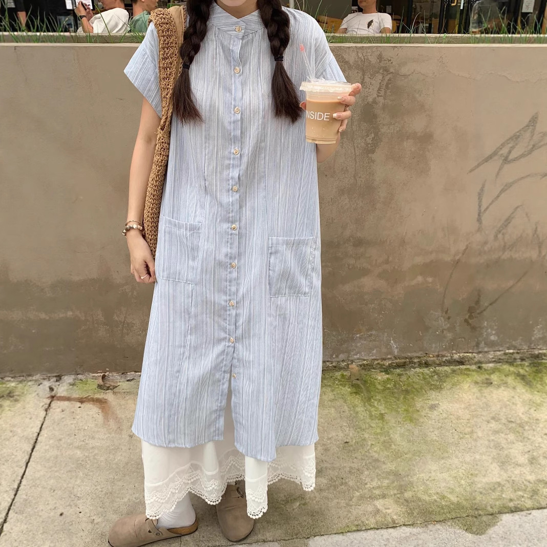 蓝色条纹长款短袖衬衫白色蕾丝连衣裙女夏季韩系宽松上衣叠穿长裙