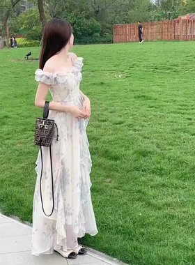 海边度假风吊带裙纱法式荷叶边沙滩连衣裙氛围感长裙飘逸仙女范