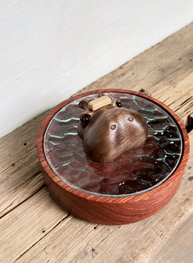 河马泡澡木质收纳盒家居饰品装饰创意礼品可爱奶油原木风木质摆件