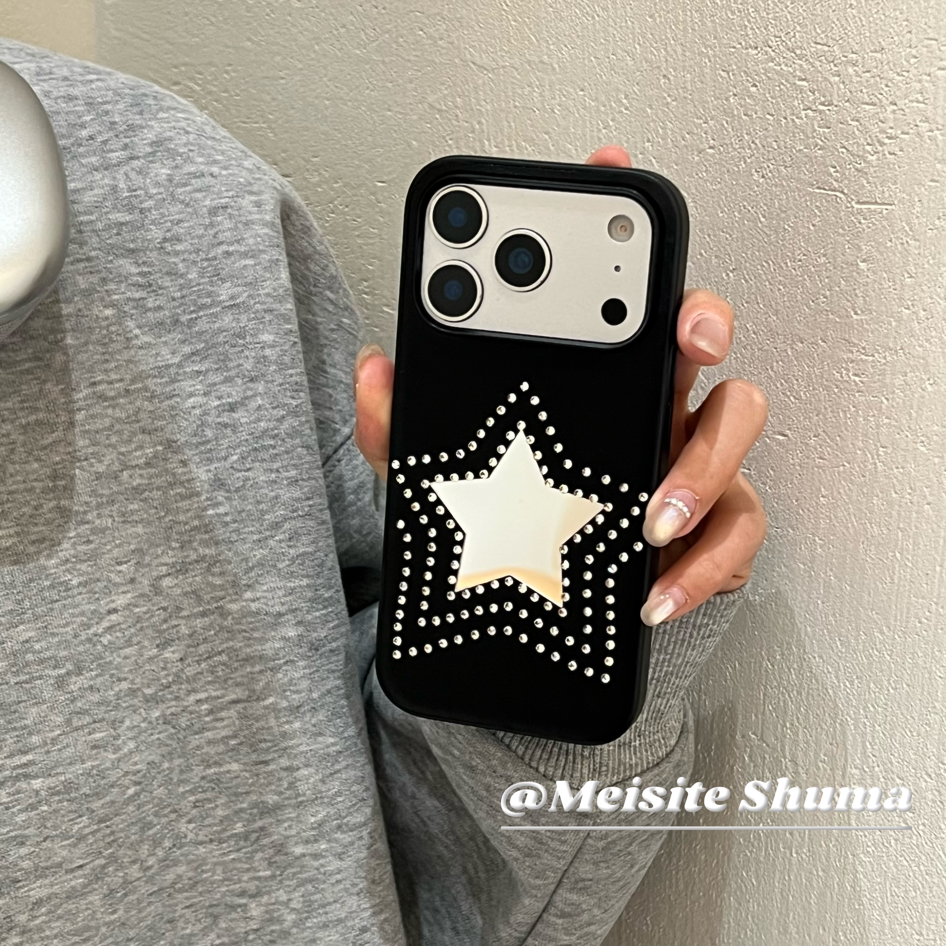 小众ins风暗黑点钻镜面星星爱心手机壳iPhone16皮质补妆镜子苹果17promax高级感16pro新款软壳防摔15promax女