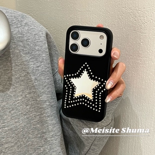 小众ins暗黑点钻镜面星星爱心皮质手机壳iPhone16补妆镜子苹果17promax高级感15pro个性14创意16promax新款女