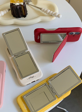 皮质镜子支架iPhone17promax手机壳补妆镜子16pro苹果15pro高级感14/13高级感13promax纯色全包12pro简约11女