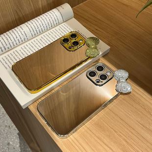 镜面补妆iPhone17promax手机壳水钻蝴蝶结16pro可爱15高级感14/13女款12小众11华为pura80电镀mate70/xsmax女