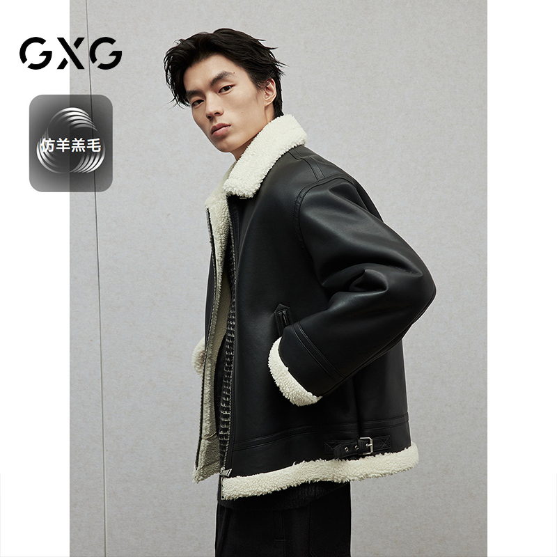 GXG男装 仿羊羔毛内里加厚pu皮夹克男通勤保暖外套 24年冬季新品