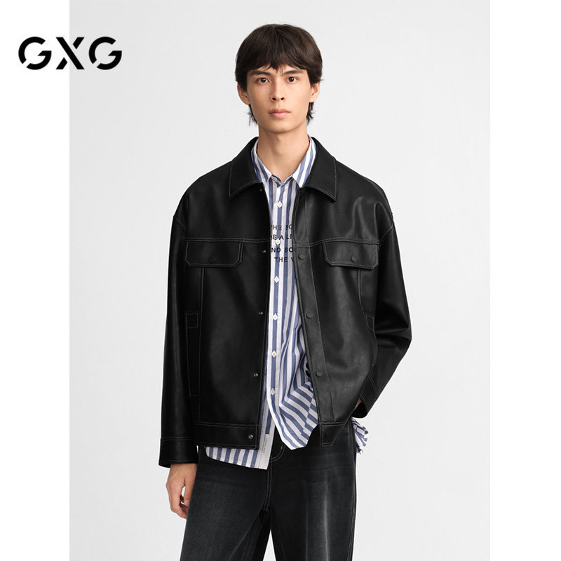 GXG男装 简约明线设计pu皮夹克男复古休闲夹克潮流外套24秋季新品,男装,夹克,淘宝优惠券,粉丝福利购,淘宝优惠卷