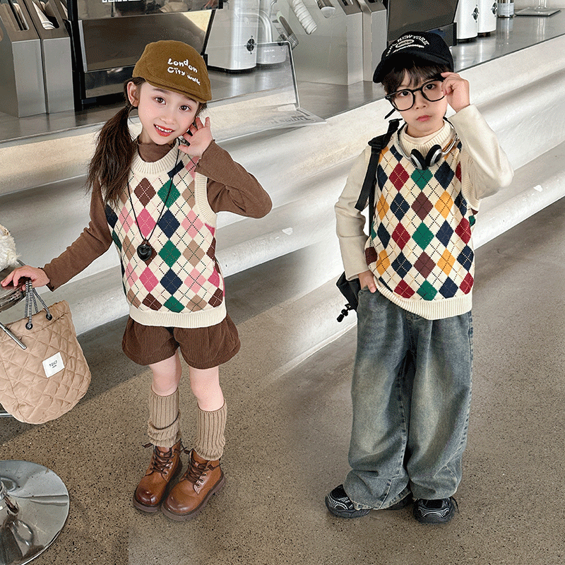 儿童针织背心秋季洋气加绒中大童新款宝宝秋装男童针织女童马甲潮