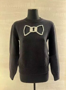 独家 25K镂空手工蕾丝装饰羊绒桑蚕丝混纺针织长袖毛衣