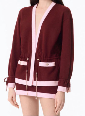 独家25A秋冬新款拼色链条收腰双口袋装饰宽松羊绒针织开衫外套