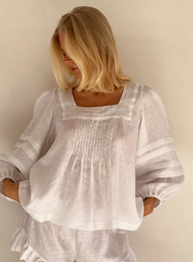 独家25夏新款100%亚麻西班牙小众灯笼袖方领宽松上衣+短裤套装