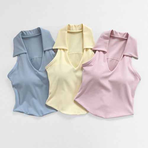 美式翻领POLO运动背心女带胸垫户外网球上衣显瘦瑜伽文胸健身服夏