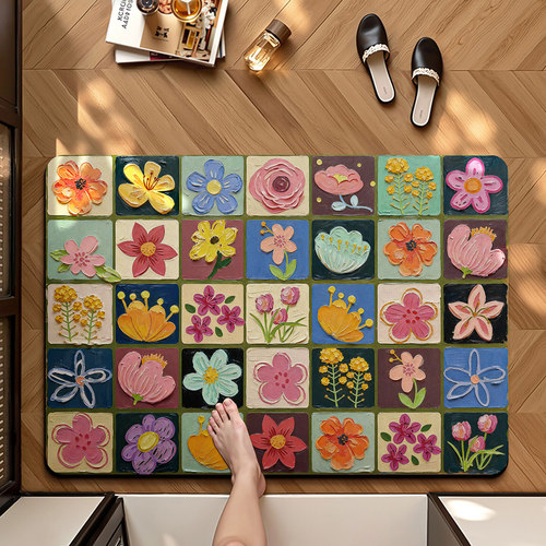 新款浴室地垫油画风花卉加厚垫子