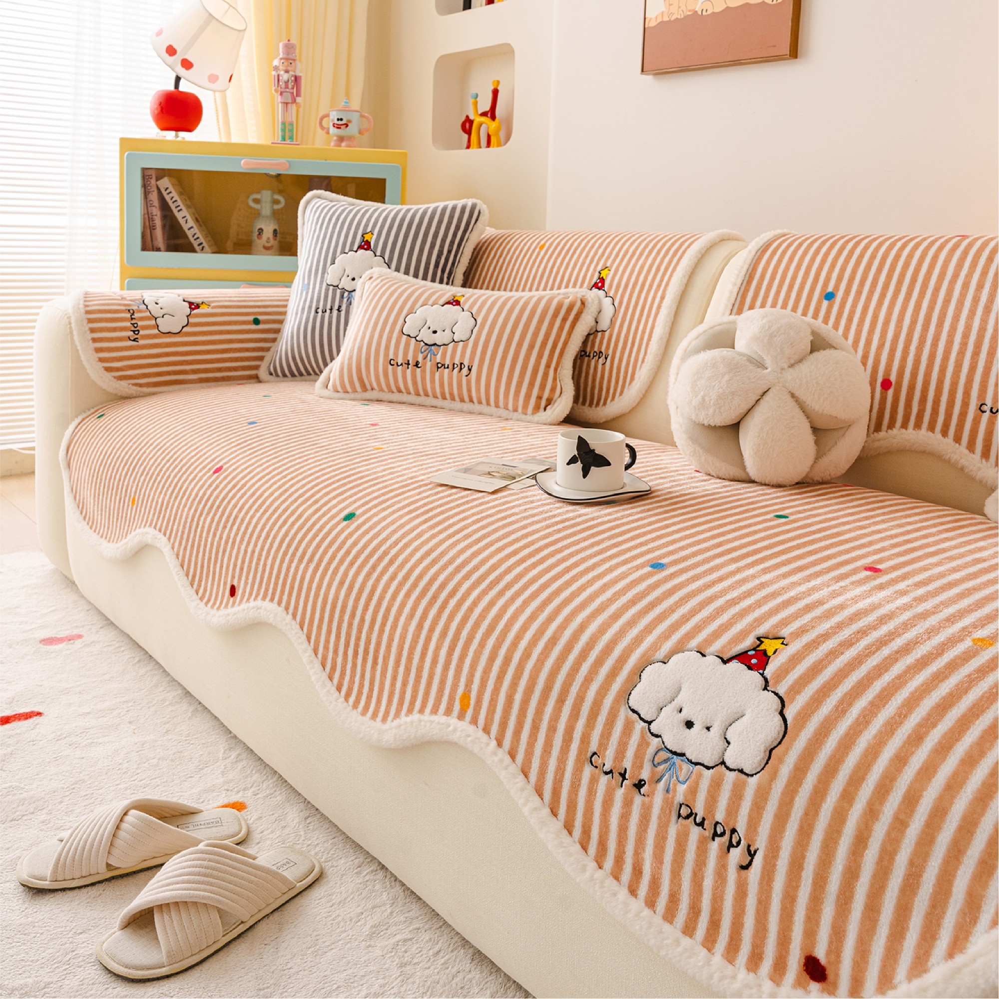 可爱卡通毛绒沙发垫冬2026新款加厚保暖一片式沙发坐垫防滑盖布巾